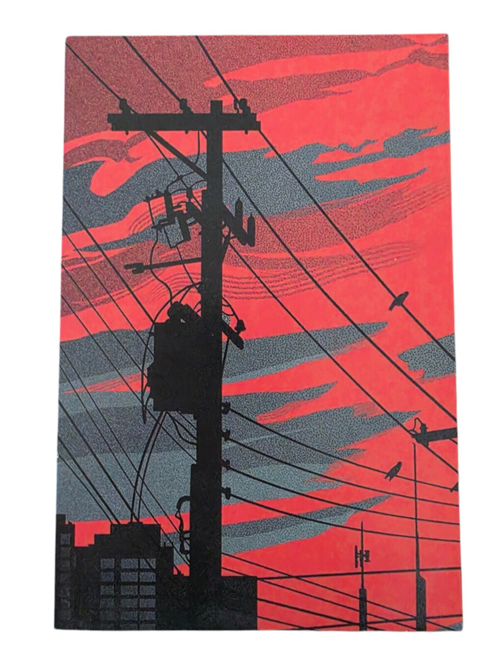 Vintage Joanna Grodecka Cardboard Postcard Print Power Lines Sunset Sunrise
